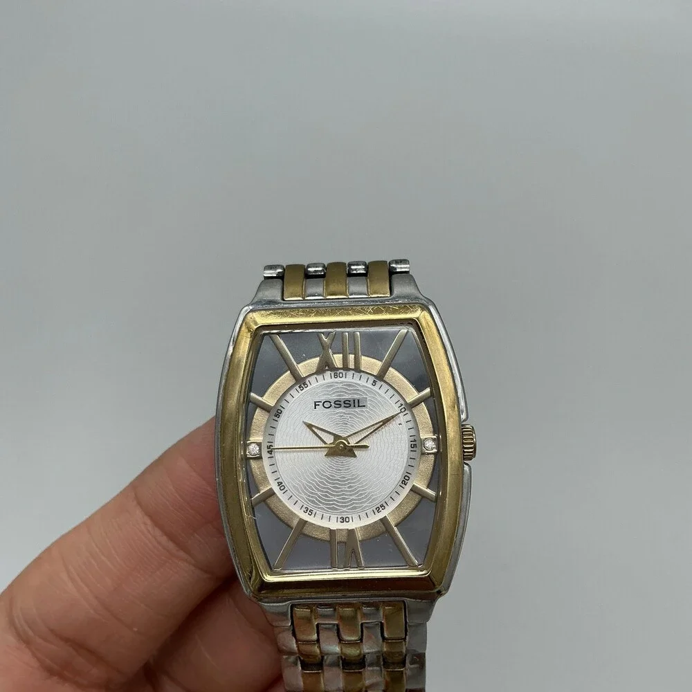 Fossil F2 ES-1414 Womens Watch 27mm Silver Gold Tone Stainless New Battery 6.75
